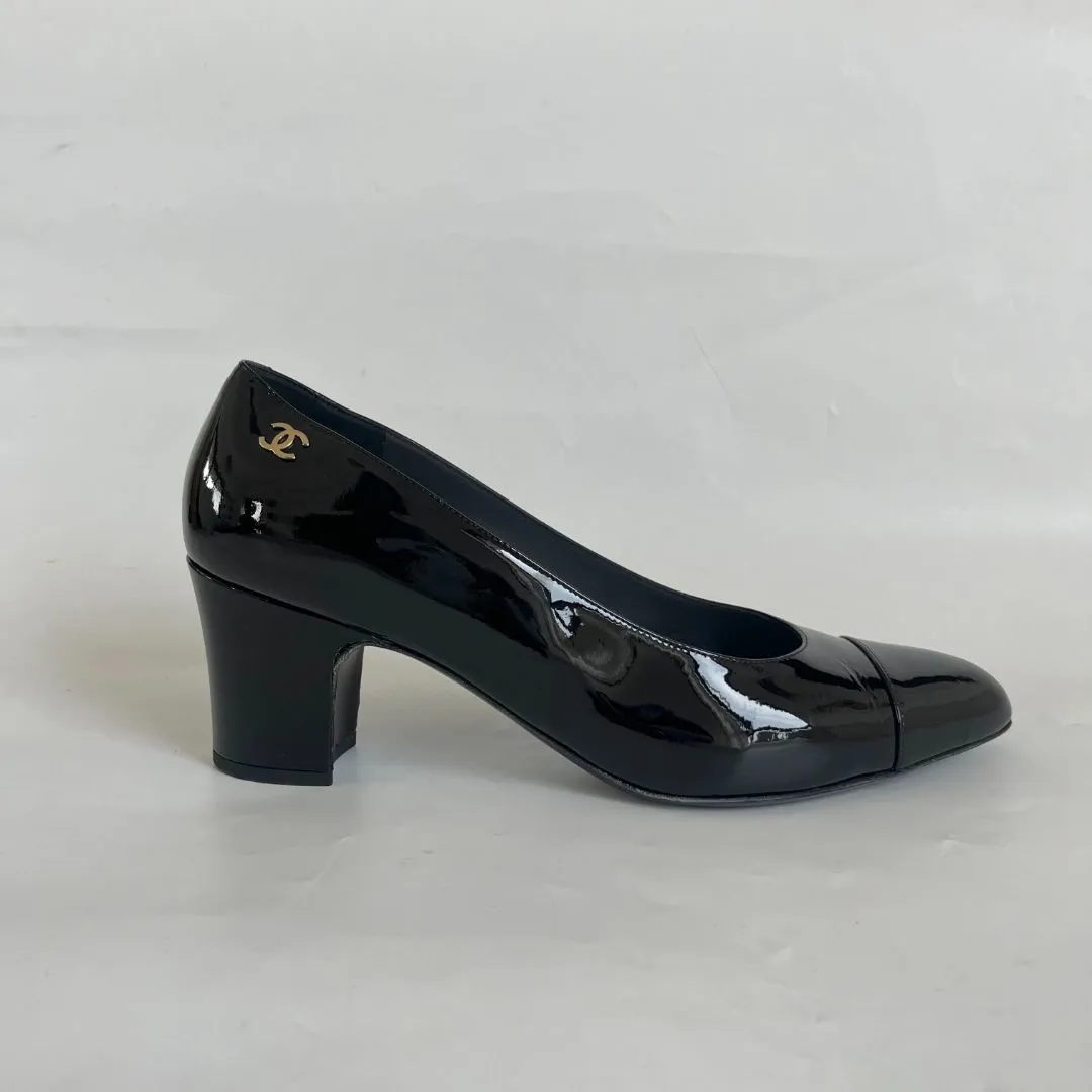 Chanel Black Patent Block Heel Pumps, 41C