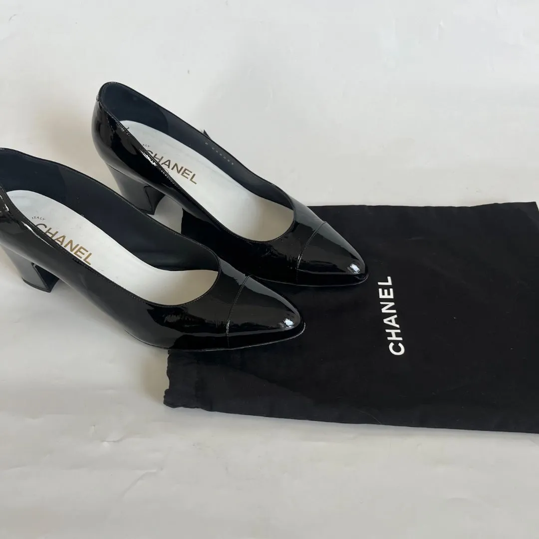 Chanel Black Patent Block Heel Pumps, 41C