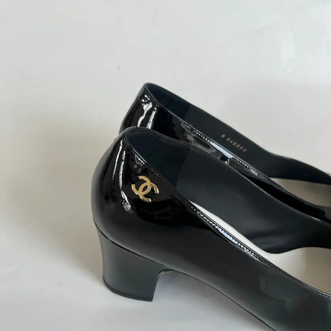 Chanel Black Patent Block Heel Pumps, 41C