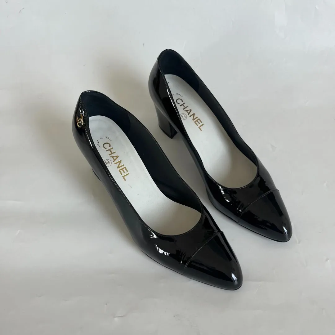 Chanel Black Patent Block Heel Pumps, 41C