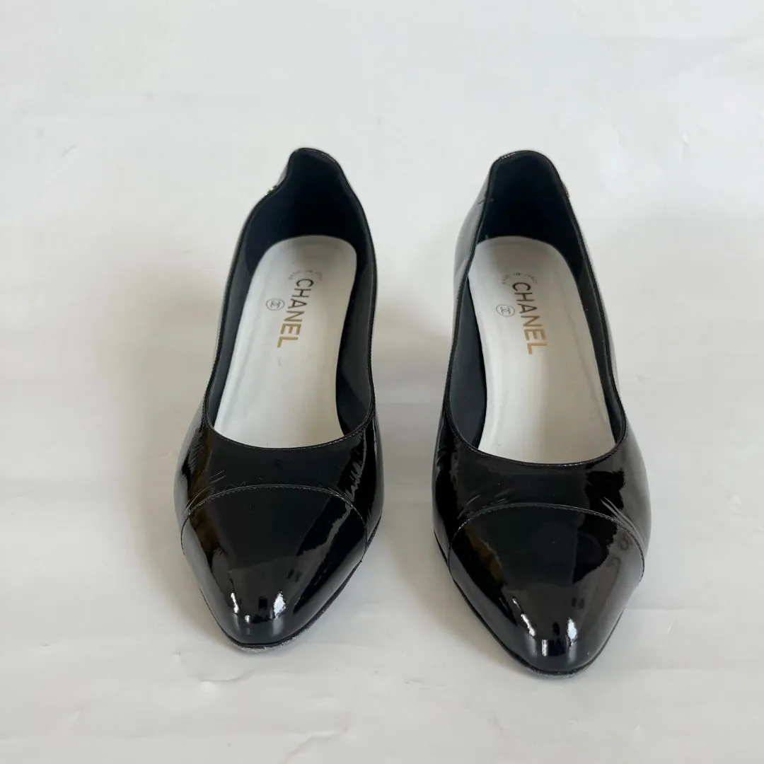 Chanel Black Patent Block Heel Pumps, 41C