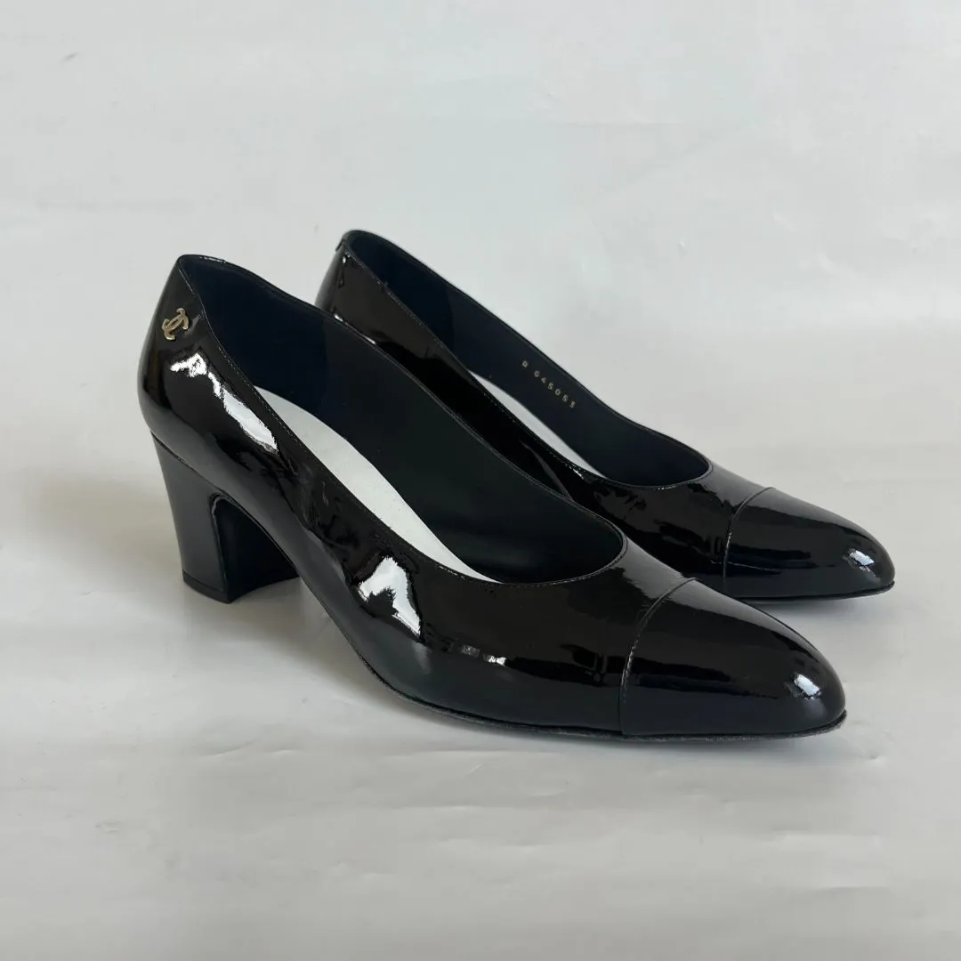 Chanel Black Patent Block Heel Pumps, 41C
