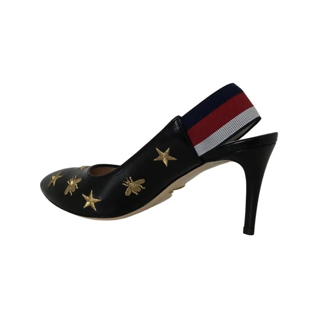 Gucci Women's Embroidered Star & Bee Gold Tone High Heel Slingback Web Pumps