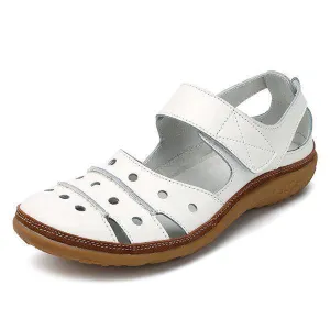Leather Hollow Out Hook Loop Casual Flat Sandals For Women