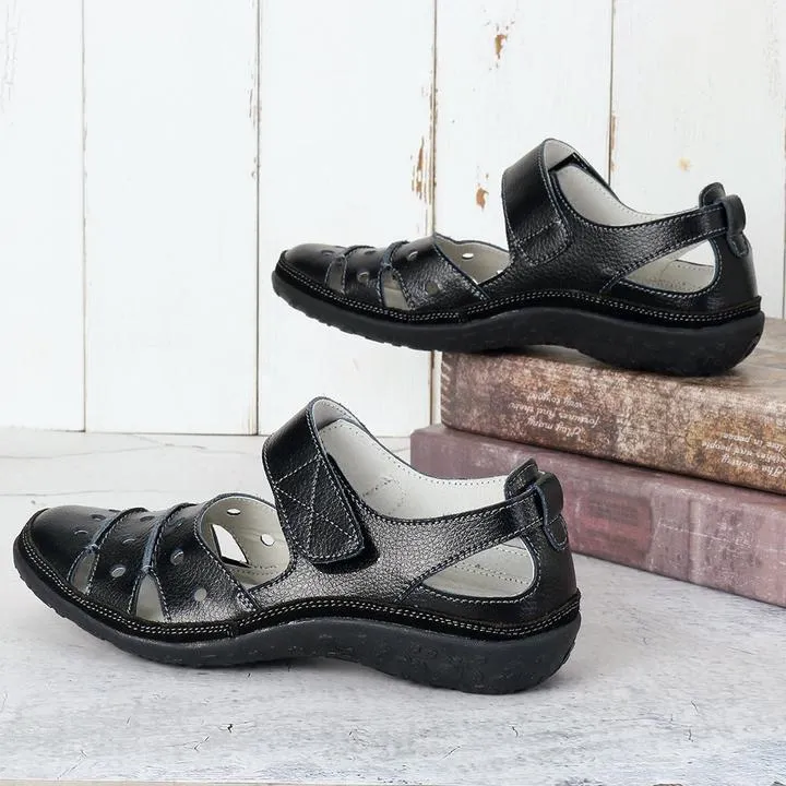 Leather Hollow Out Hook Loop Casual Flat Sandals For Women