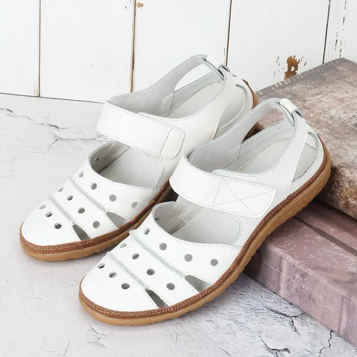 Leather Hollow Out Hook Loop Casual Flat Sandals For Women