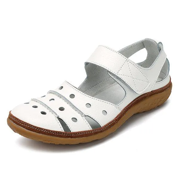 Leather Hollow Out Hook Loop Casual Flat Sandals For Women