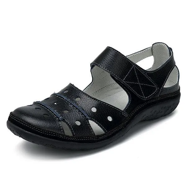 Leather Hollow Out Hook Loop Casual Flat Sandals For Women