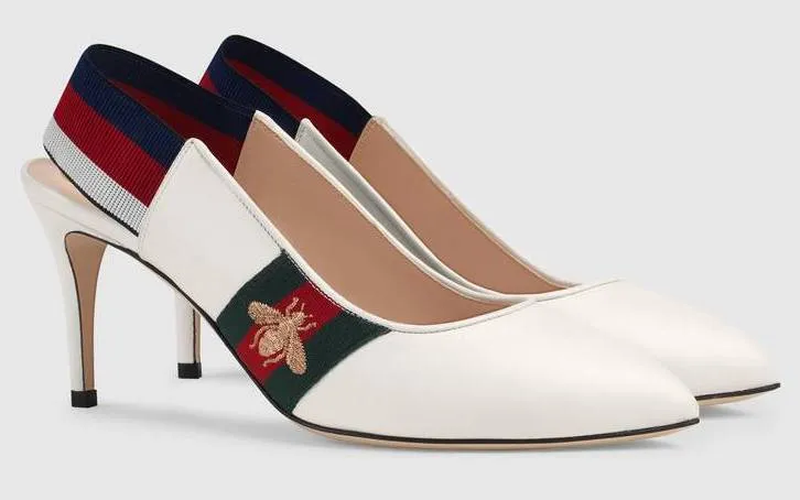 Leather Web Mid-Heel Slingback Pumps