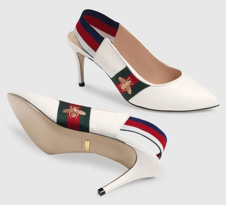 Leather Web Mid-Heel Slingback Pumps