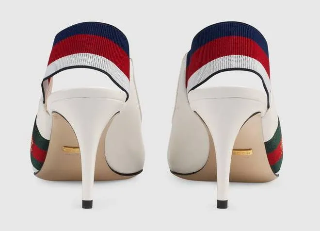 Leather Web Mid-Heel Slingback Pumps
