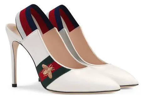 Leather Web Mid-Heel Slingback Pumps