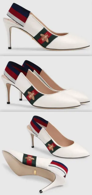 Leather Web Mid-Heel Slingback Pumps
