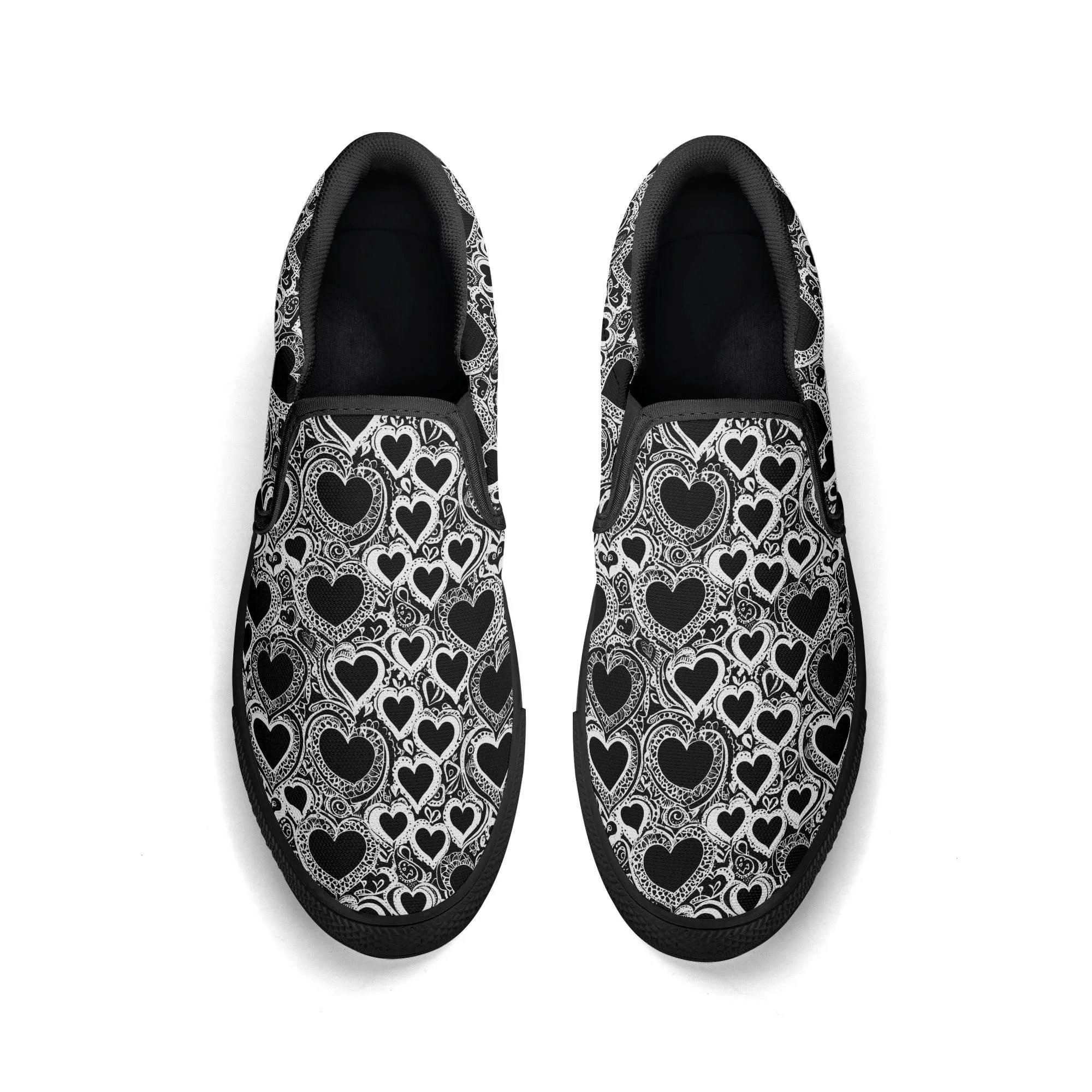 Mens Black and White Groovy Hearts Rubber Slip On Shoes
