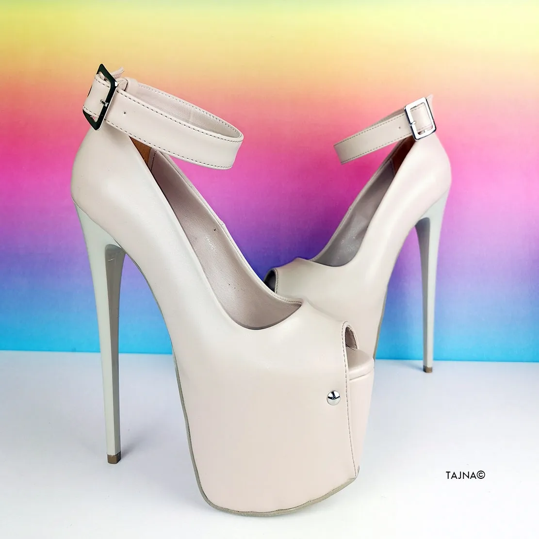 Nude Cream Ankle Strap Peep Toe Heels