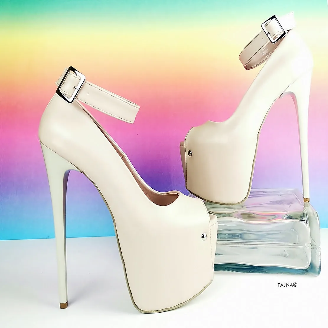 Nude Cream Ankle Strap Peep Toe Heels