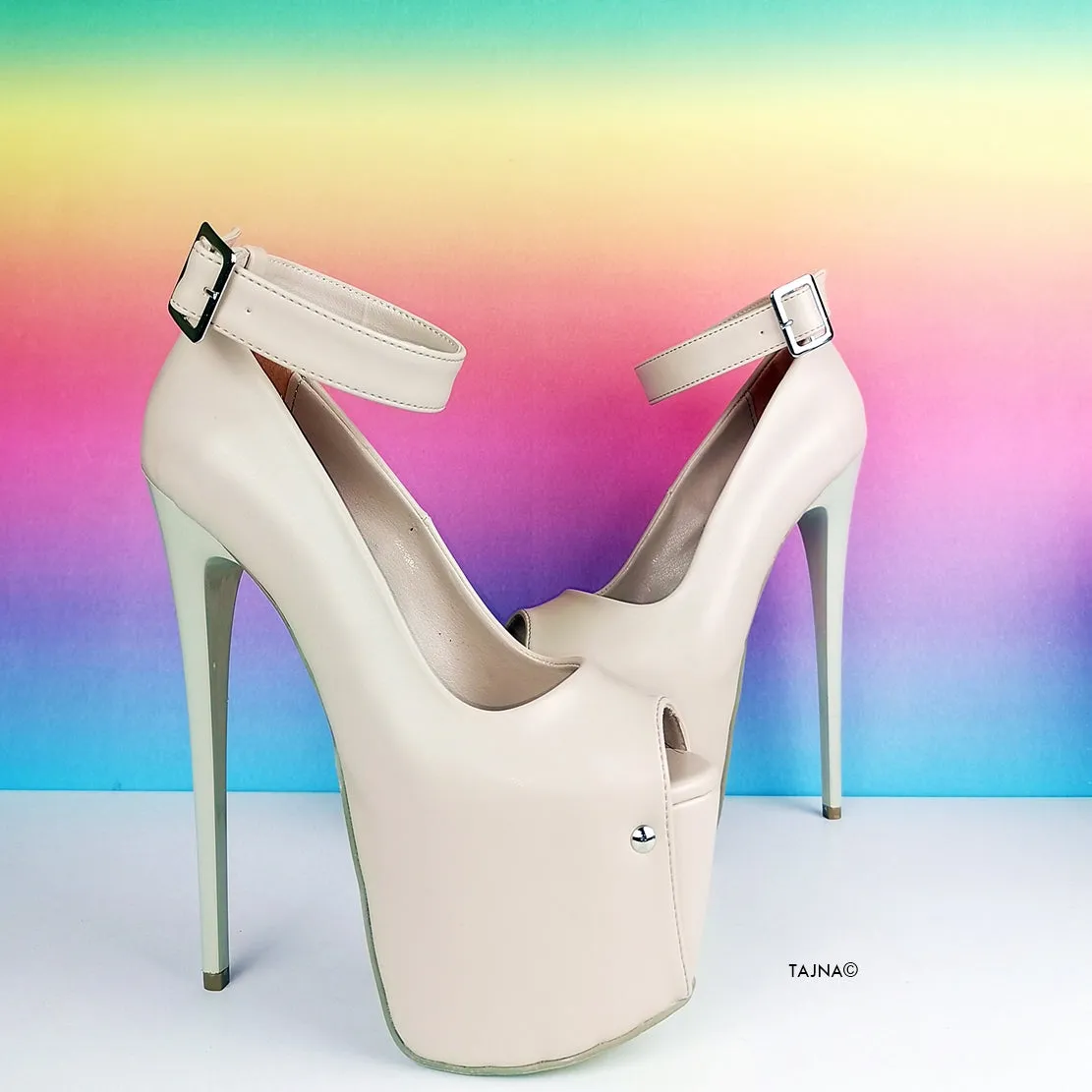 Nude Cream Ankle Strap Peep Toe Heels