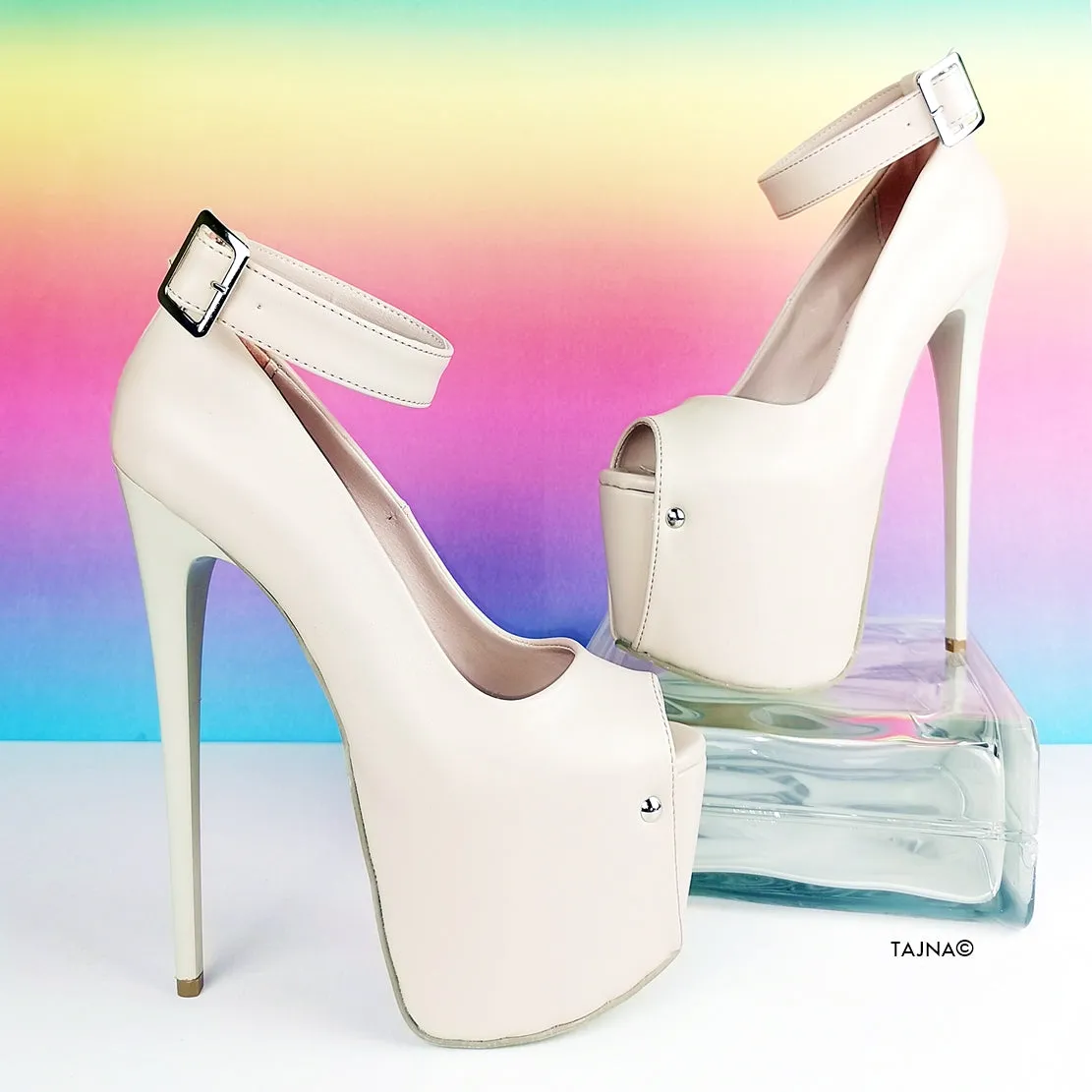 Nude Cream Ankle Strap Peep Toe Heels
